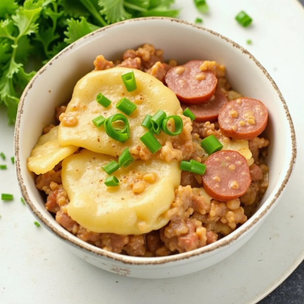 served bowl of Crockpot Pierogi Casserole with Kielbasa